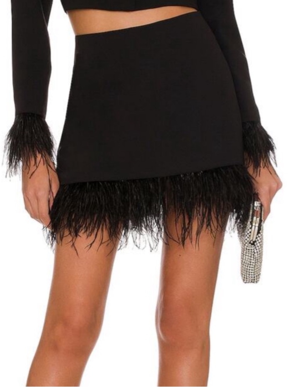 WeWoreWhat Black Feather-Trim Mini Skirt